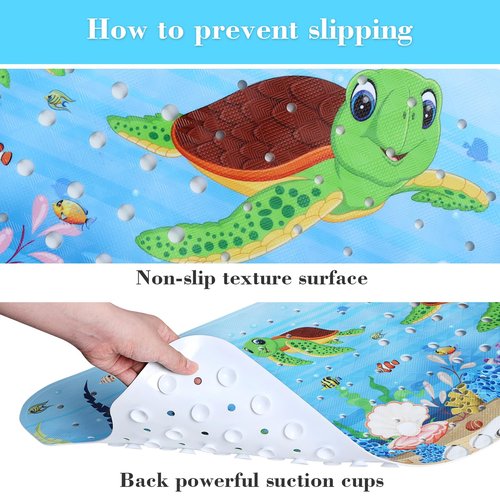 Secopad Bath Mat for Tub Non Slip, Machine Washable Anti-Slip Cartoon Baby Bathtub Shower Mat with Drain Holes and Suction Cups for Toddler & Kids, 40 Inch x 16 Inch, Red Turtles