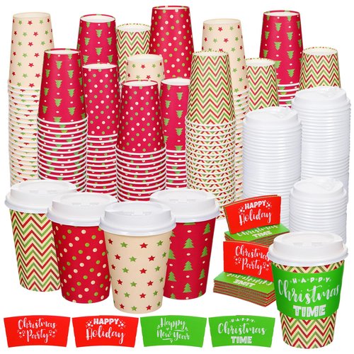 Zhehao 160 Sets/ 480 Pcs Disposable Coffee Cups Christmas Paper Cups with Lids and Sleeves for Cold Drink Tea Hot Cocoa Chocolate Holiday Xmas Party Supplies, 4 Designs(Classic Style, 12 oz)
