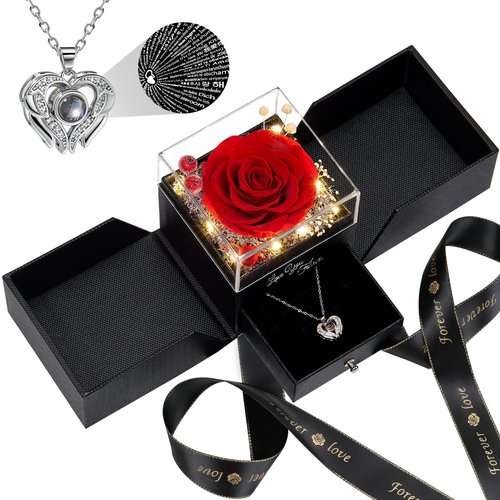 FIACO Gifts for Women Preserved Real Roses with I Love You Necklace Fresh Forever Flowers Birthday Gifts for Mom Grandma Wife Girlfriend on Anniversary Valentines Romantic Gift
