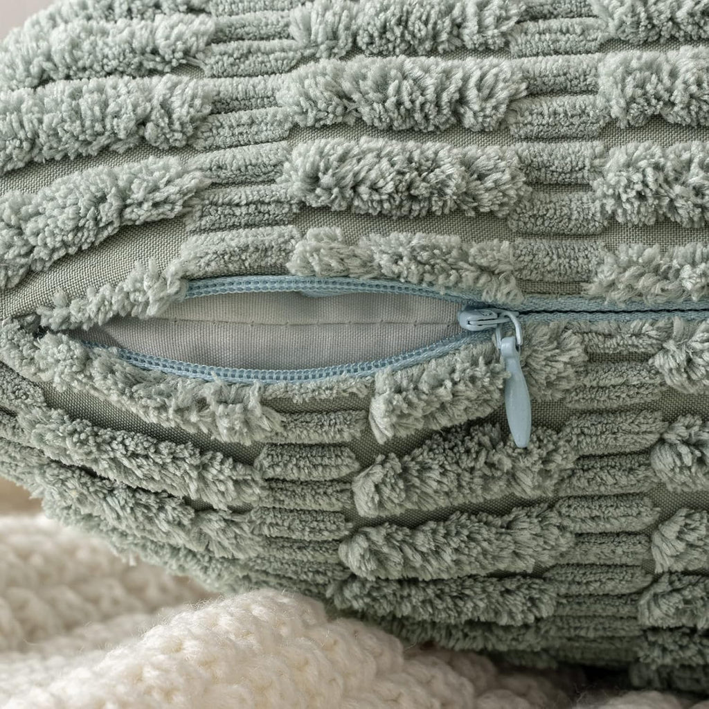 MIULEE Decorative Lumbar Pillow Covers - Soft Boho Striped Corduroy | 20x12 Inch, Greyish Green, Pack of 2