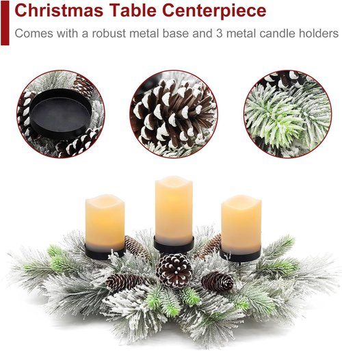 Handcrafted Christmas Centerpiece by [Brand Name] - Snowy Pine Cones & Needles with 3 Candle Holders | 27.5 in