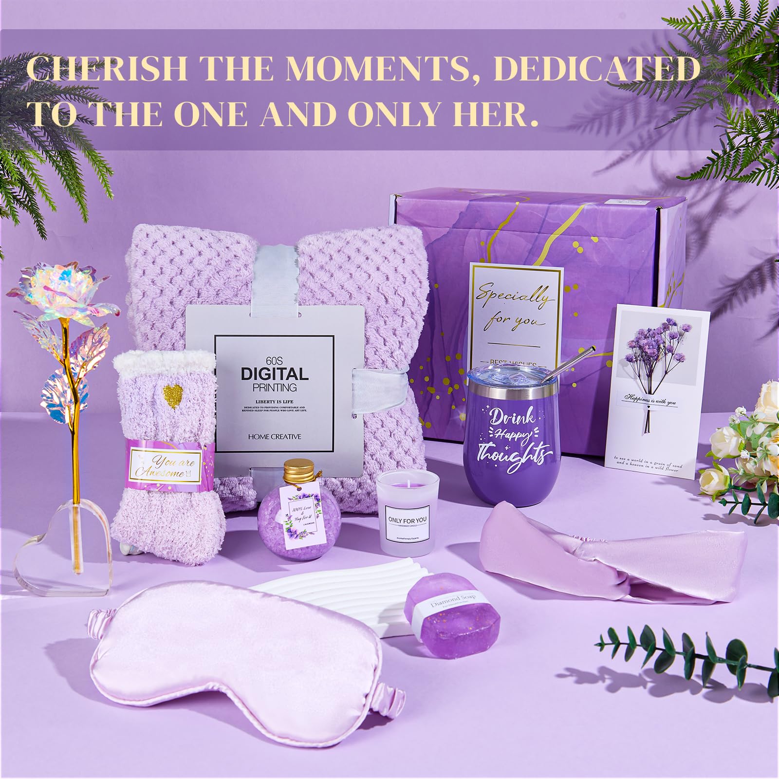 Mothers Day Birthday Gifts for Women Self Care Gift Get Well Soon Gifts, Rose Relaxing SPA Gift Basket Care Package, Luxury Flannel Blanket Valentine's Day Gift for Her Wife Mom Grandma Friend Purple