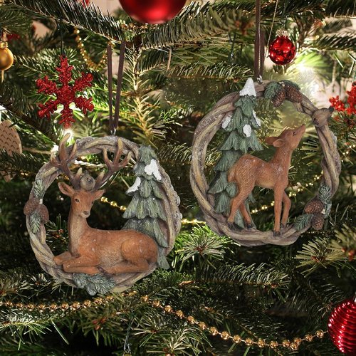 Braxio Christmas Tree Ornaments - Set of 2 Resin Woodland Deer in Wreath | Brown & Sage Green
