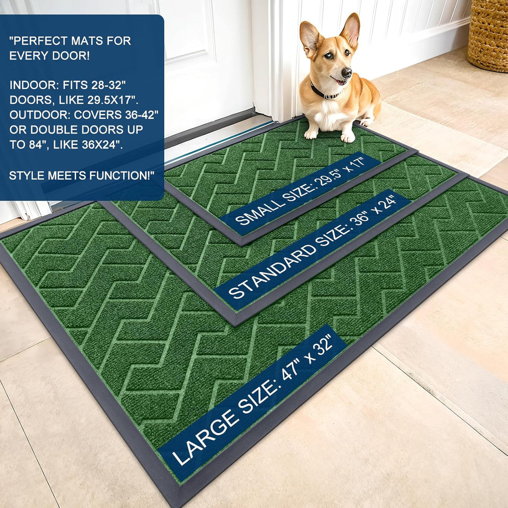 OLANLY Waterproof Front Door Mat - All-Season Indoor/Outdoor Doormat | Sturdy Natural Rubber, Herringbone Brick (Green, 71x23)