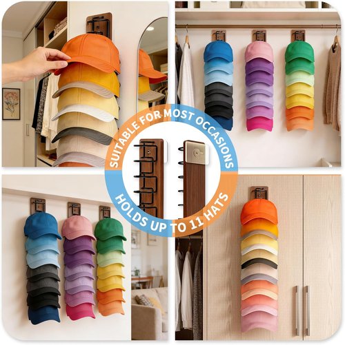 Hat Organizer by [Brand Name] - 2 Pack Baseball Cap Rack with Strong Adhesive | Wall-Mounted Storage for 22 Caps (Brown)