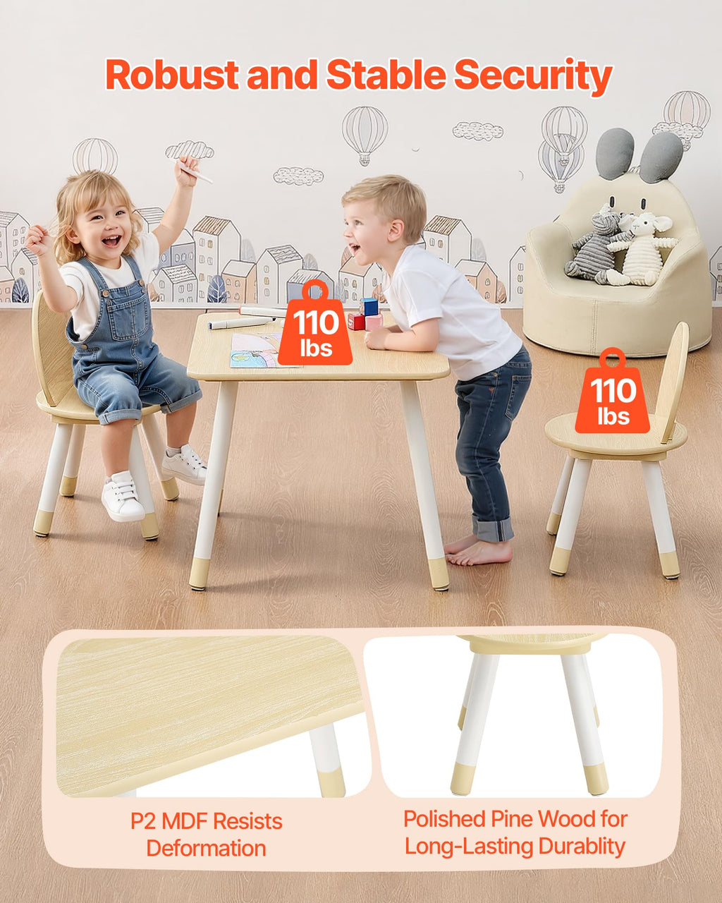 VEVOR Kids Table and 2 Chairs Set, Toddler Table and Chair Set with Rounded Edge Design & Graffiti Desktop, Wooden Desk for Art, Craft, Reading, Learning, Drawing, Classroom/Daycare/Home, Burlywood