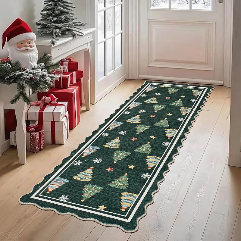 Ortiga Scalloped Christmas Runner Rug 2' x 6' Forest Green - Machine Washable