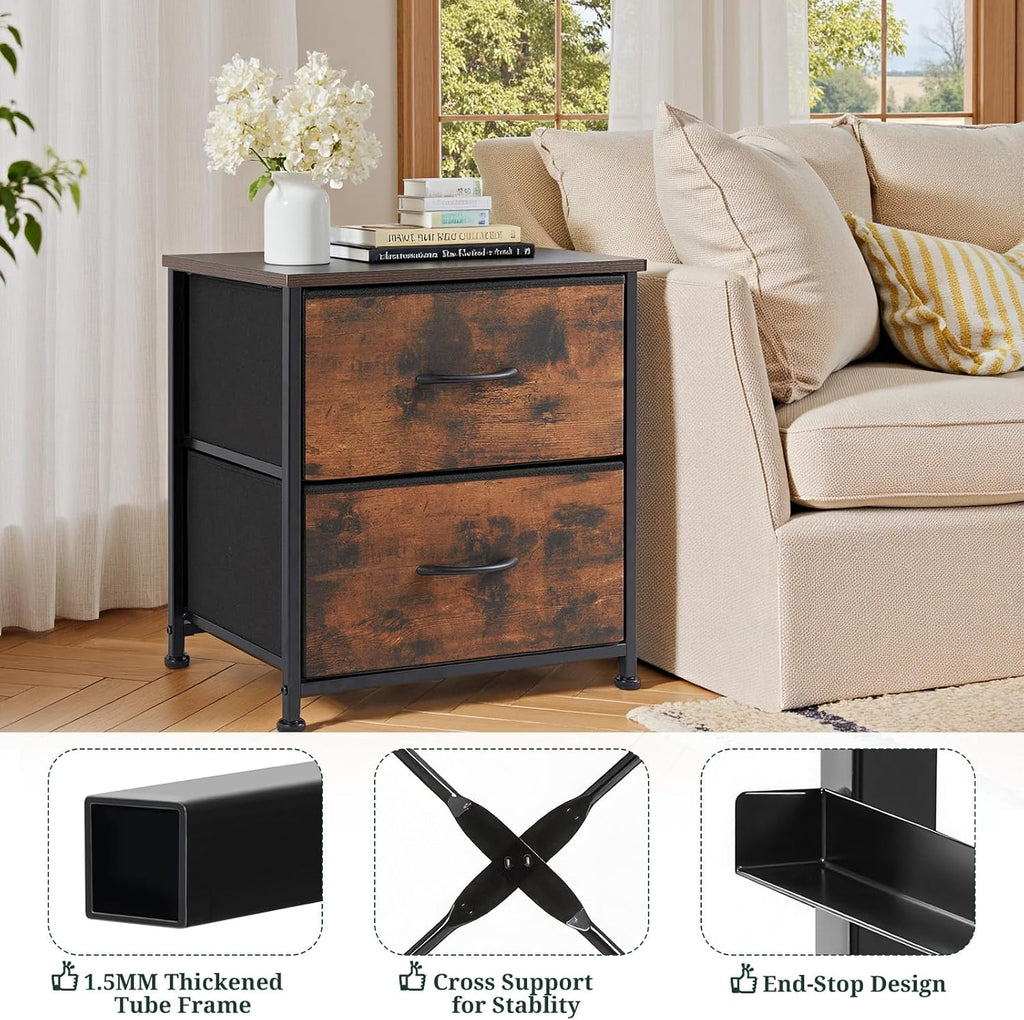 Regine Switzerland Nightstand - Small 2 Drawer Dresser with Wooden Top & Fabric Bins | Brown, 11.8" D x 18" W x 20" H