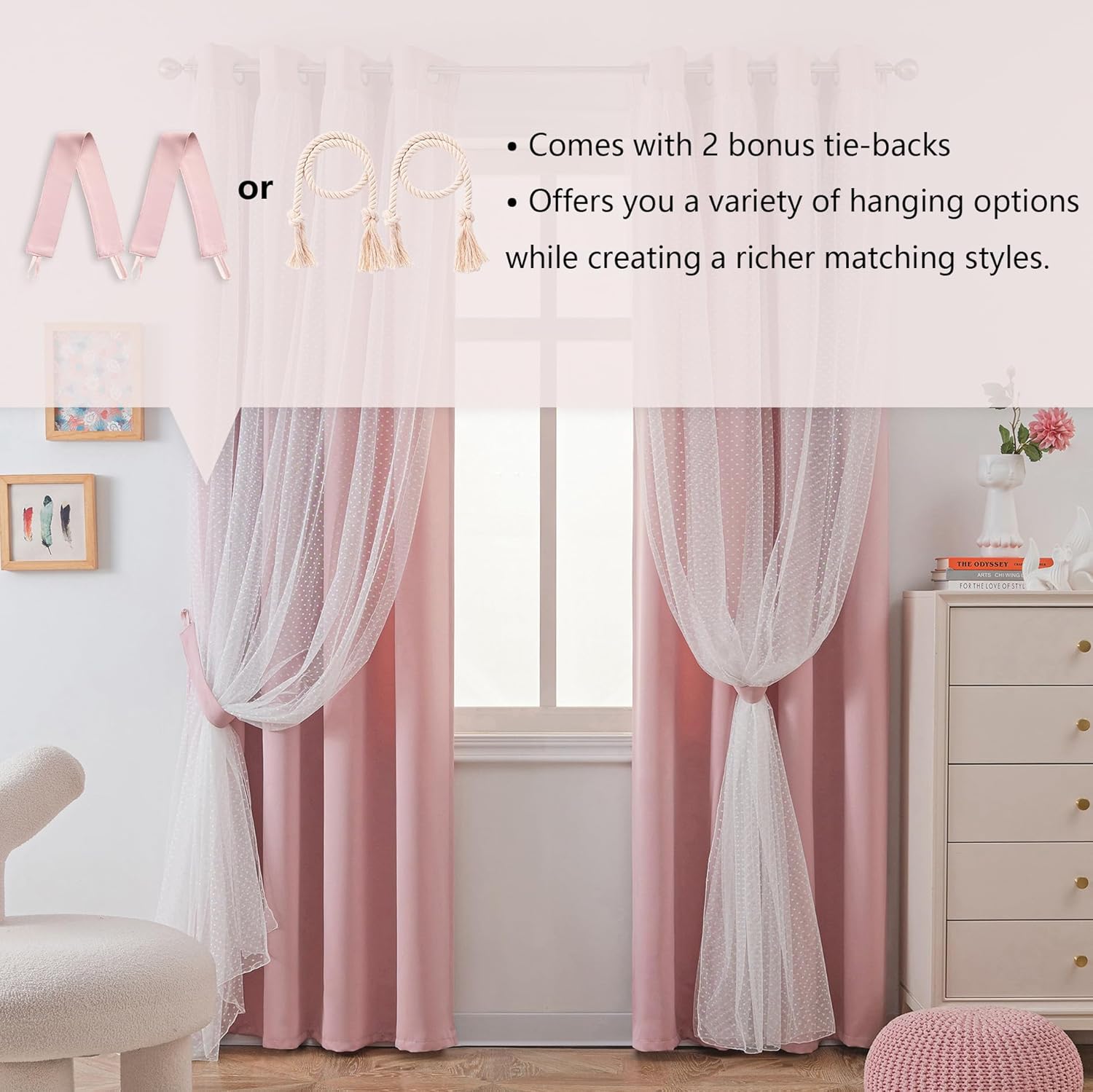 MYSKY HOME Pink Blackout Curtains - Double Layer Polka Dot Drapes for Girls' Bedroom | 52x84 Inch, 2 Panels
