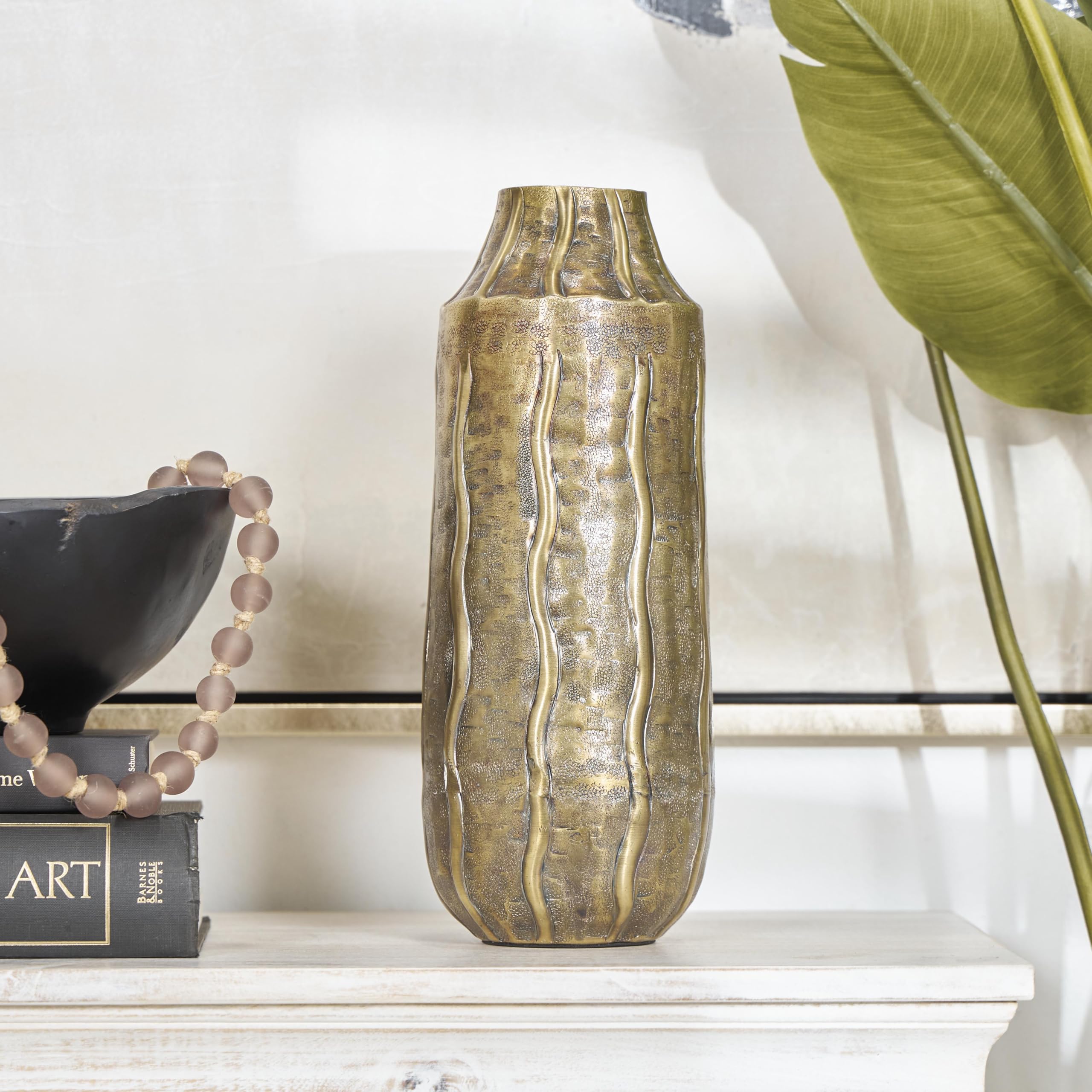 Deco 79 Metal Decorative Vase Snakeskin Inspired Centerpiece Vase with Dimensional Wavy Accents, Flower Vase for Home Decoration 6" x 6" x 14", Brass