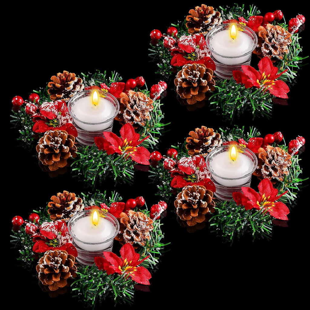 Regine Switzerland 8 Pack Christmas Poinsettia Candle Rings - Festive Table Centerpiece with Tealight Holders & Red Berries