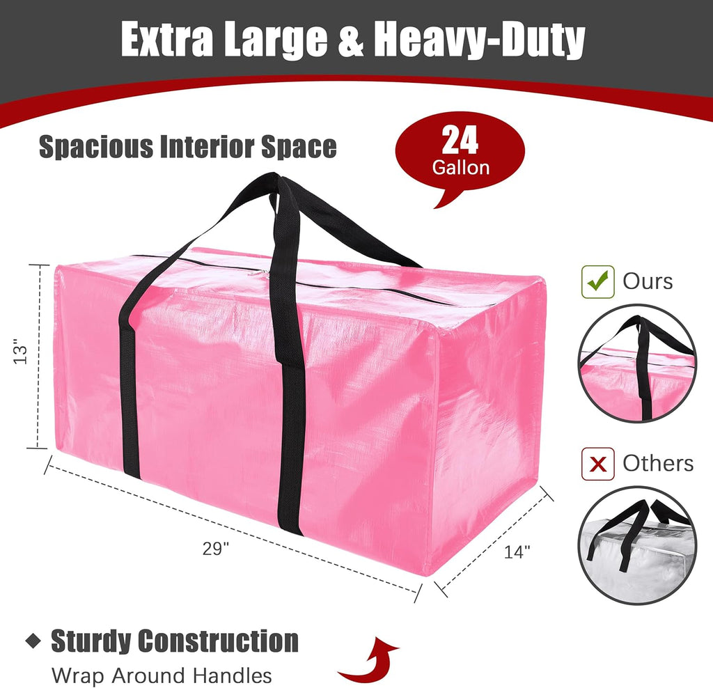 PANDA JOYS Extra Large Moving Bags - Heavy-Duty Storage Totes with Zippers & Handles | 12-Pack, Pink