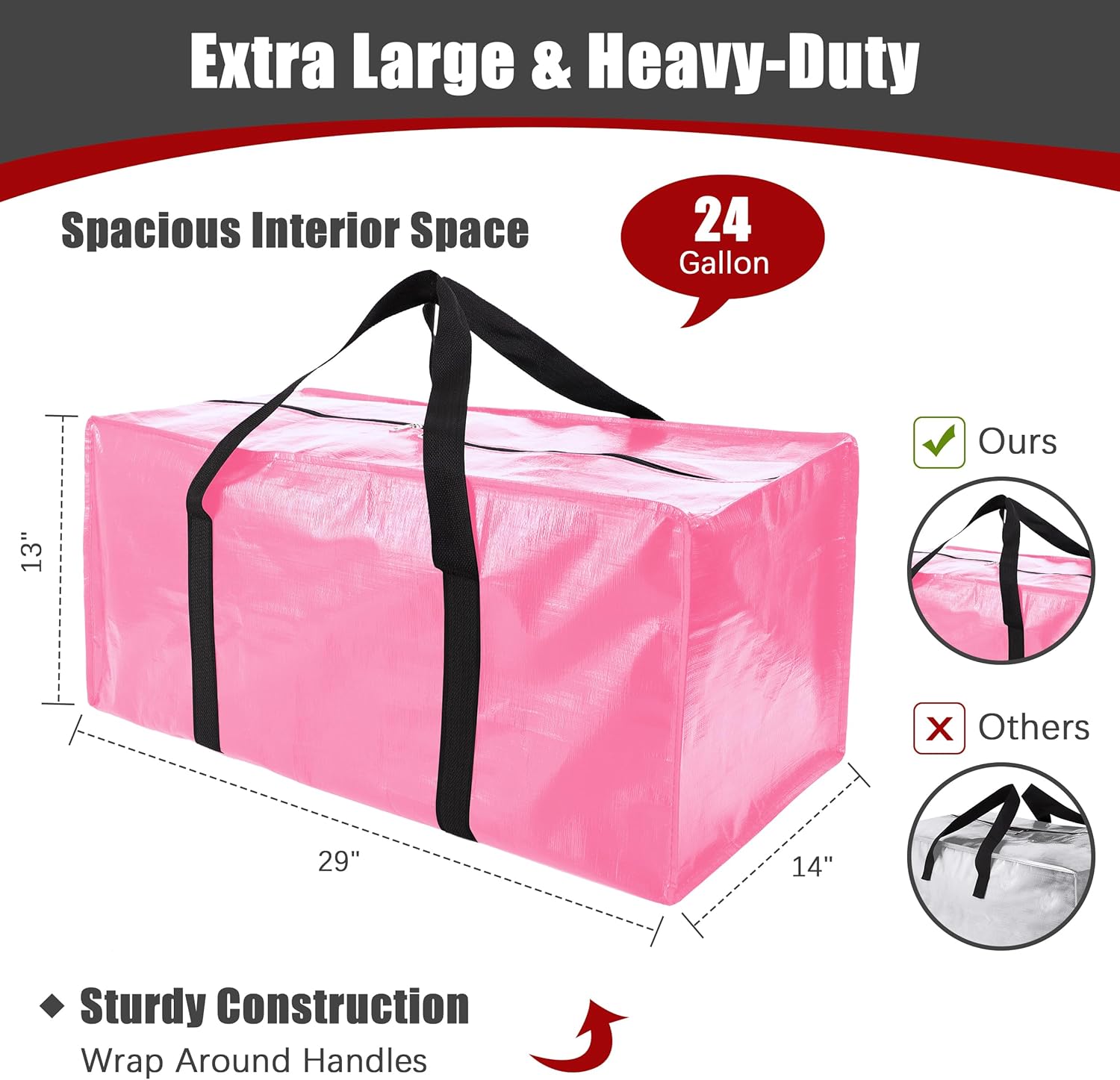 PANDA JOYS Extra Large Moving Bags - Heavy-Duty Storage Totes with Zippers & Handles | 12-Pack, Pink