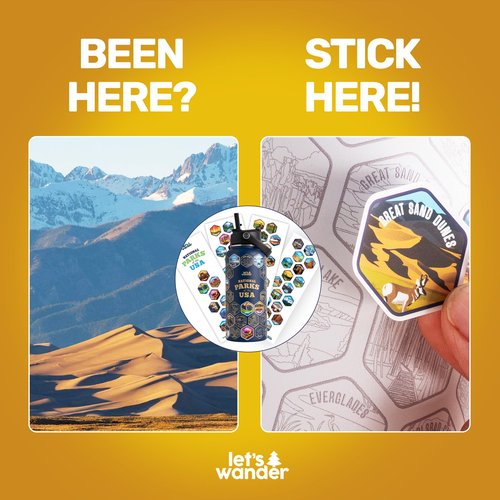 LET'S WANDER National Parks Water Bottle 2.0 Ultimate Bundle | Includes Straw Lid, Chug Lid & 2 Sets of 63 Waterproof Stickers | 32oz Leakproof Insulated Stainless Steel Gift Pack (Blue)