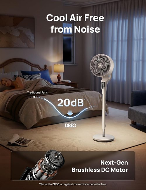 DREO 2026 Upgraded Oscillating Fan - 90ft Airflow, 20dB Quiet, 8+ Speeds, Adjustable Height 38-42''
