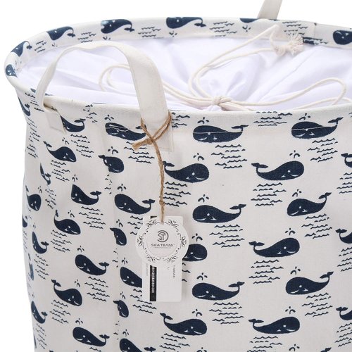 Sea Team 19.7" x 15.7" Large Sized Folding Cylindric Waterproof Coating Canvas Fabric Laundry Hamper Storage Basket with Drawstring Cover, Whale