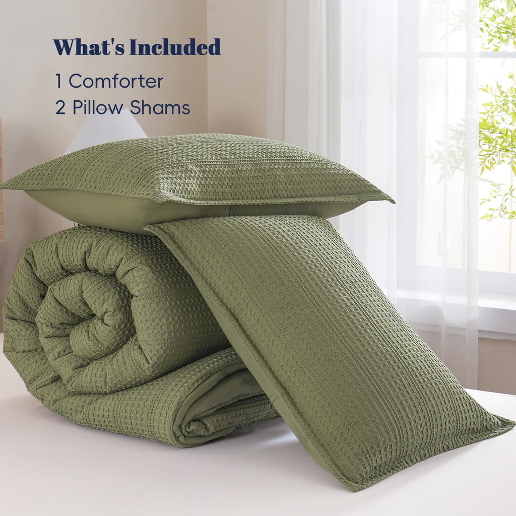 PHF Soft Waffle Comforter Set King Size- Comfy Breathable Waffle Weave Comforter with 2 Pillow Shams, 3 Pieces Less Snagging Lightweight Textured Bedding Set for All Season, Olive Green