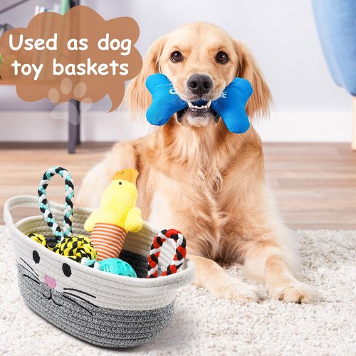 Small Woven Baskets for Organizing Rope with Handle Cute Cotton Basket for Nursery Gift Dog Cat Toy Storage Basket for Toy Organizer-Gray
