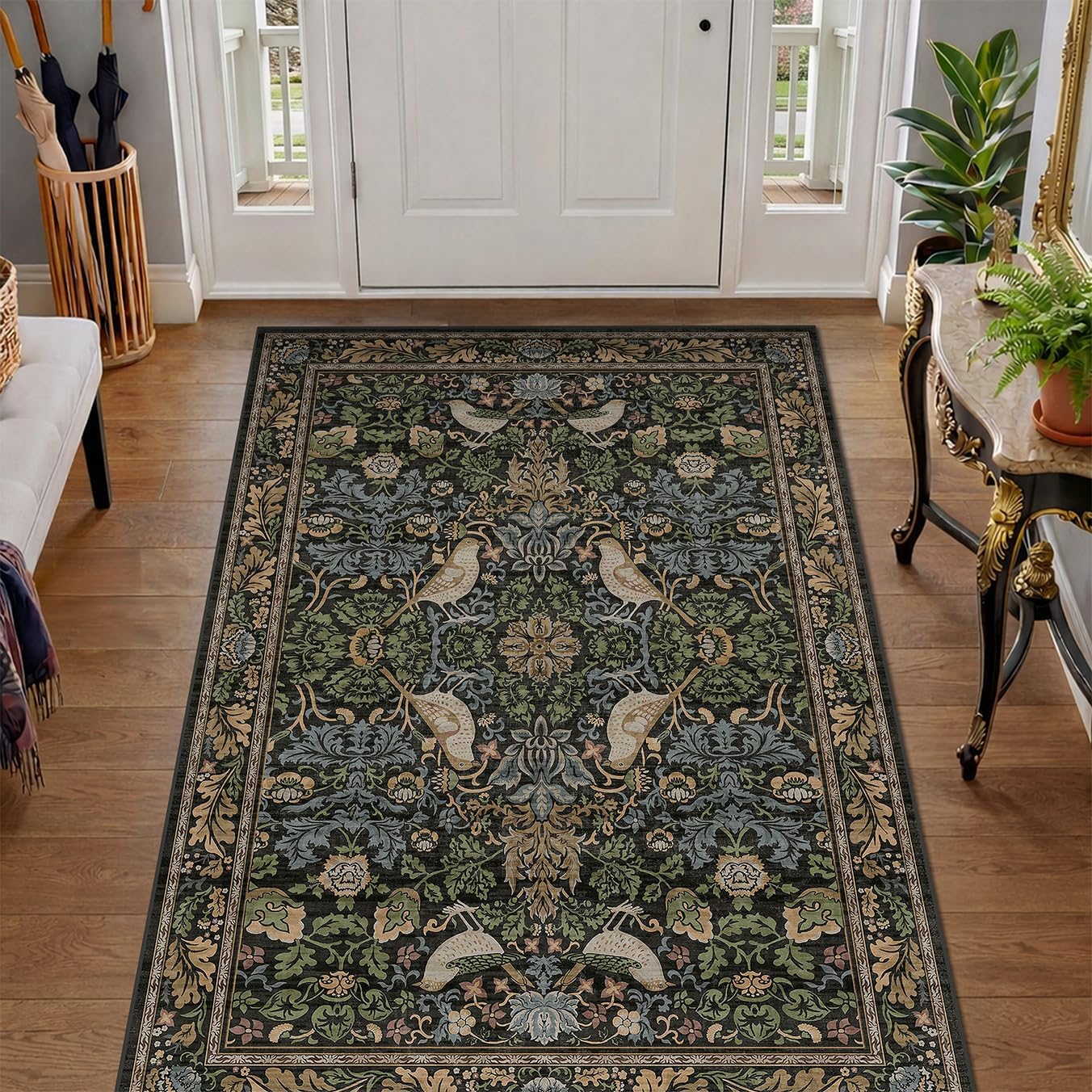 Skiennix Large Entryway Rug - 3x5 Washable Indoor Mat with Moody Woodland Flowers | Non-Slip, Stain Resistant