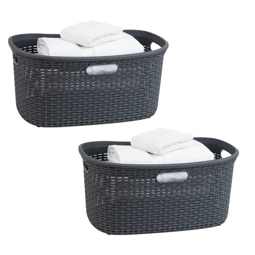 Mind Reader 40L Laundry Basket, Clothes Hamper, Wicker Design, Plastic, 23"L x 14.5"W x 11"H, Set of 2, Gray
