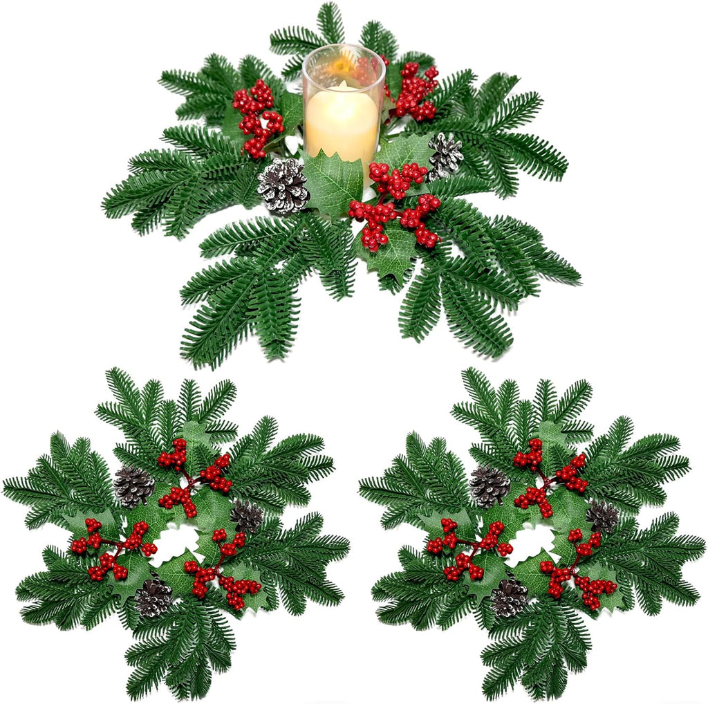 Skiennix Christmas Small Wreaths - 3Pcs 13.5-Inch Greenery Pine Candle Rings for Home Decor