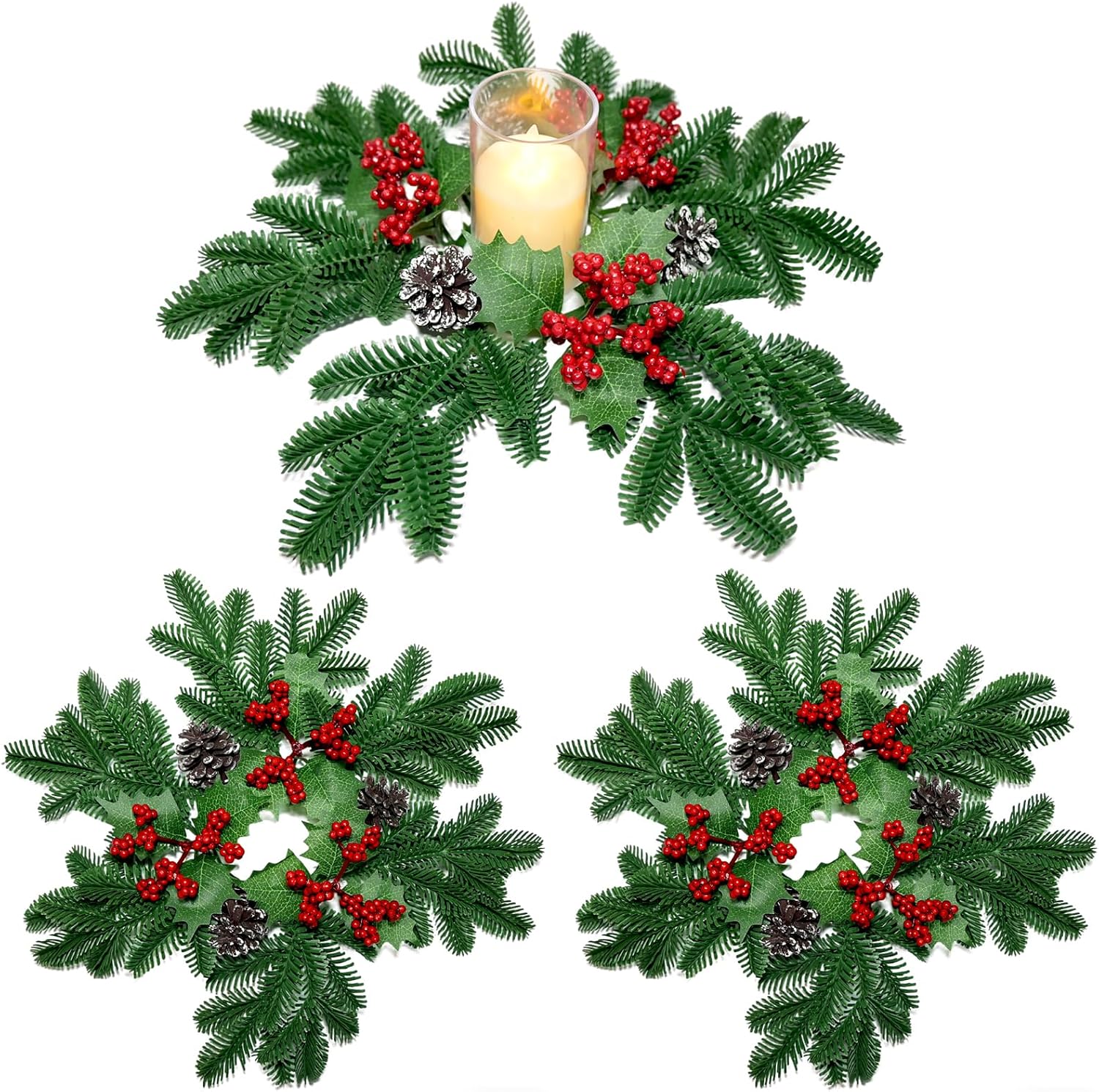 Skiennix Christmas Small Wreaths - 3Pcs 13.5-Inch Greenery Pine Candle Rings for Home Decor