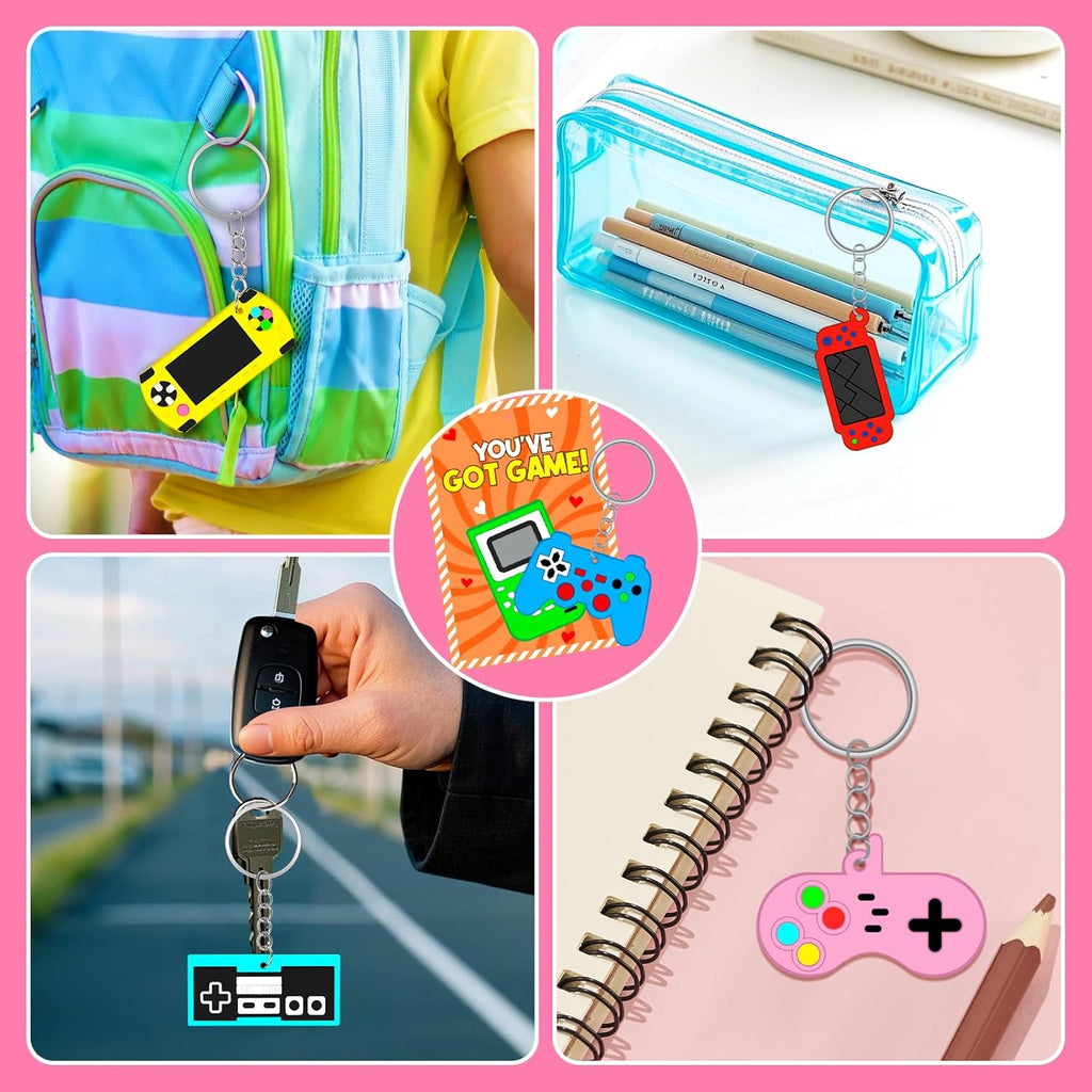 Skiennix 30-Pack Valentine's Day Cards & Video Game Keychains | Perfect Classroom Exchange Gifts for Kids