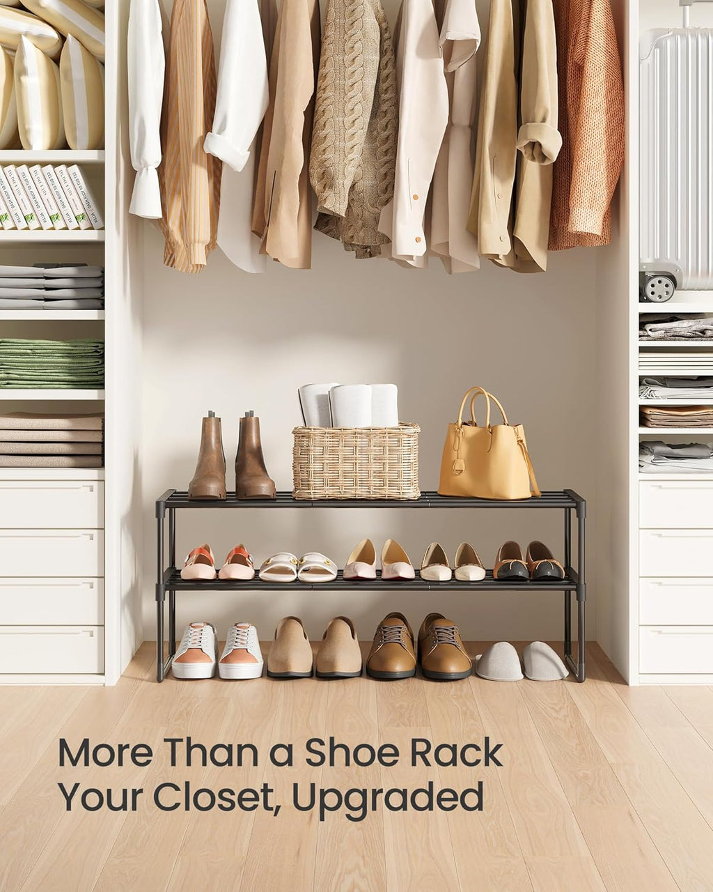 SONGMICS 2-Tier Shoe Rack - Stackable Metal Organizer for 12-15 Pairs | Black, 11.8 x 36.2 x 14.6 Inches