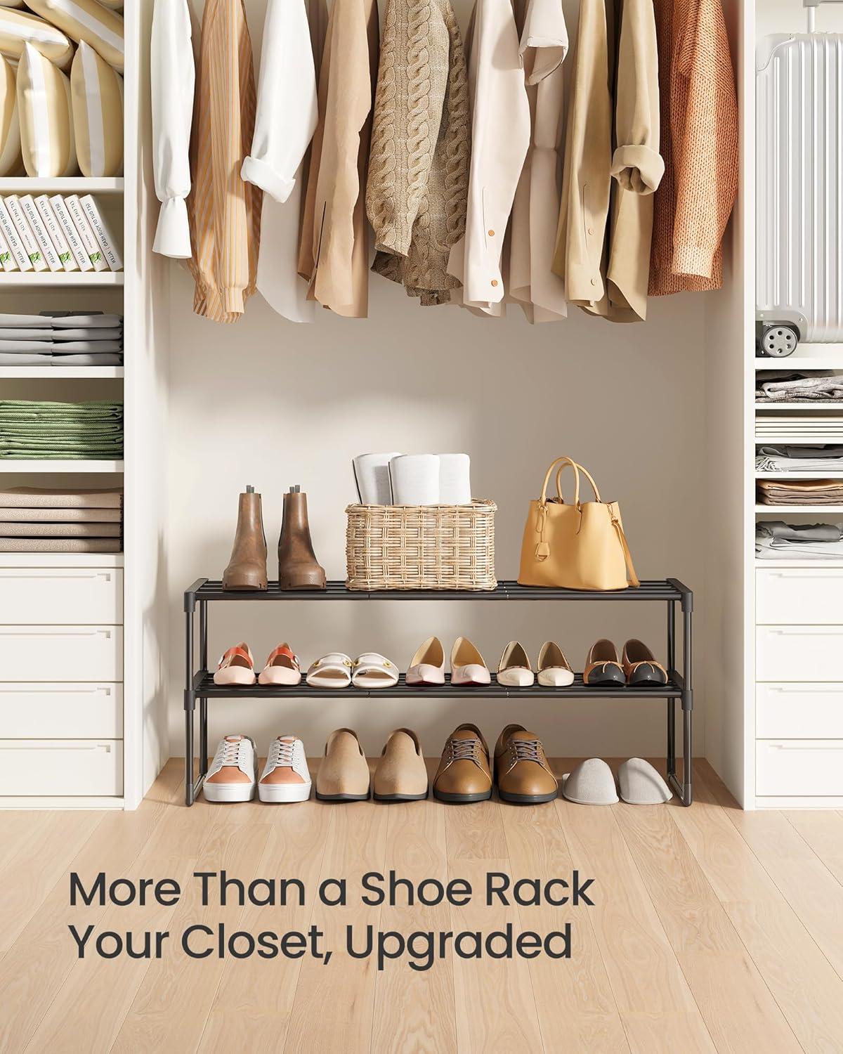SONGMICS 2-Tier Shoe Rack - Stackable Metal Organizer for 12-15 Pairs | Black, 11.8 x 36.2 x 14.6 Inches