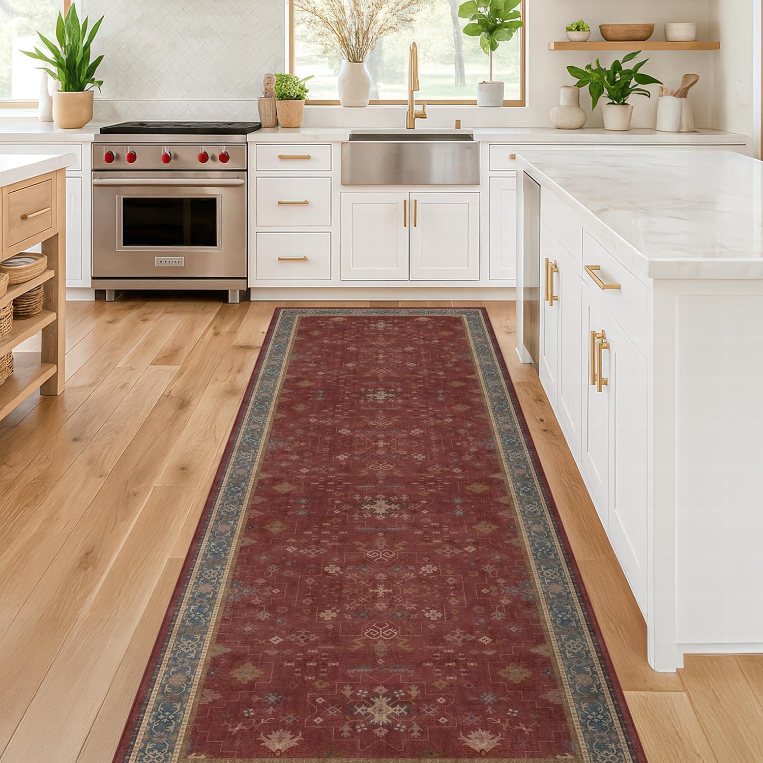 Skiennix Dark Red Hallway Runner Rug - 10ft Washable Non-Slip Indoor Mat | Soft Low Pile Boho Floral Design