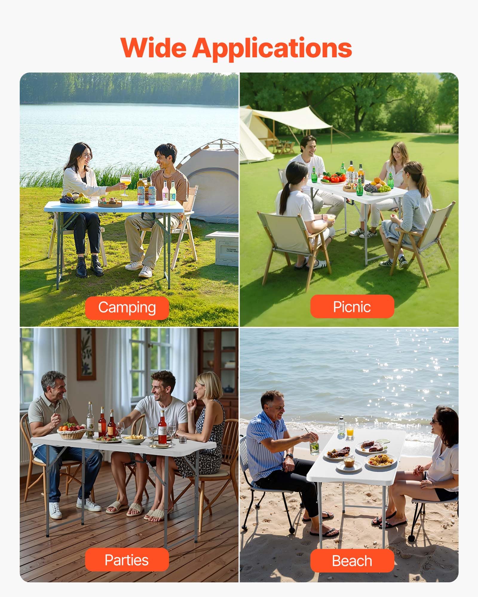 VEVOR Folding Table, Heavy Duty Portable Fold-in-Half Utility Table, Indoor Outdoor Plastic Rectangle Table with Built in Handle, for Party, Dining, Wedding, Events, Picnic, Camping, 4 ft, White