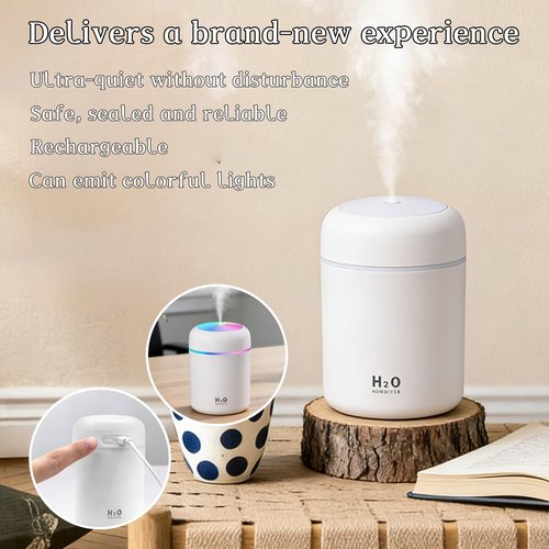 300ml USB Cool Mist Small Humidifier with Colorful Lights,Portable Mini Humidifier, Perfect for Bedroom, Office, Plants, travel & Car, White