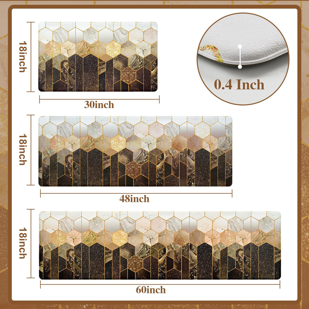Likiyol Marble Kitchen Mats for Floor [3 PCS] Anti Fatigue Mats for Kitchen Floor, Brown Gold Ombre Kitchen Rugs Non Slip Washable Comfort Kitchen Floor Mat, 18'' x 30'' + 18'' x 48'' + 18'' x 60''