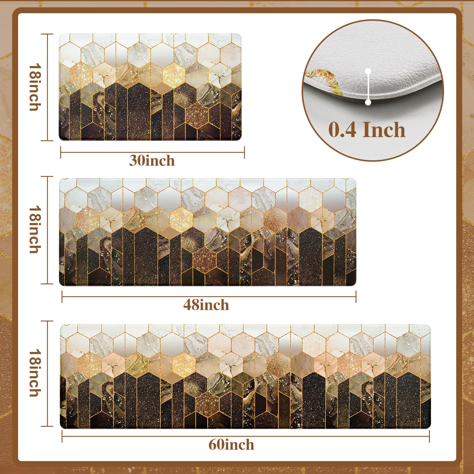 Likiyol Marble Kitchen Mats for Floor [3 PCS] Anti Fatigue Mats for Kitchen Floor, Brown Gold Ombre Kitchen Rugs Non Slip Washable Comfort Kitchen Floor Mat, 18'' x 30'' + 18'' x 48'' + 18'' x 60''