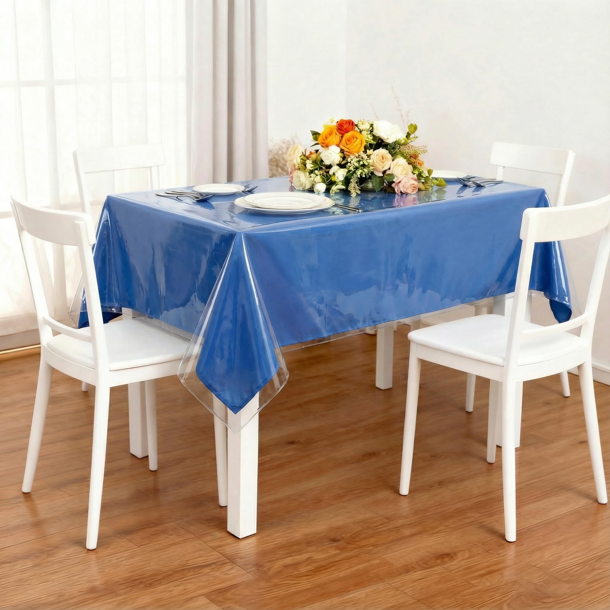 Nuciae Clear Plastic Tablecloth Protector 100% Waterproof Vinyl Table Cover Rectangle Table Cloth Protector Crystal Clear Plastic Tablecloth Cover for Dining Tables Parties Camping 55" x 70" 4-6