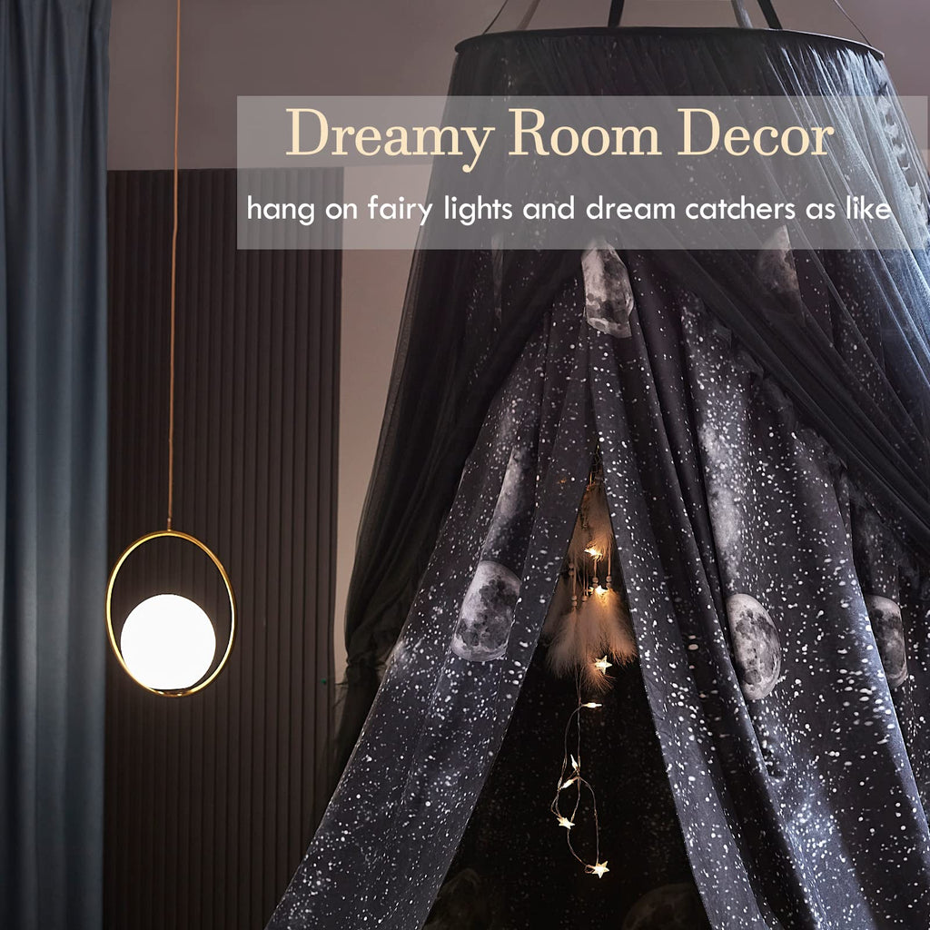 Kertnic Gorgeous Moon Printed Bed Canopy for Girls & Adults, Room Decorative Cozy Bed Curtain Canopy Drapes, Round Dome Luxurious Lace Princess Canopies Mosquito Netting (Print Moon)