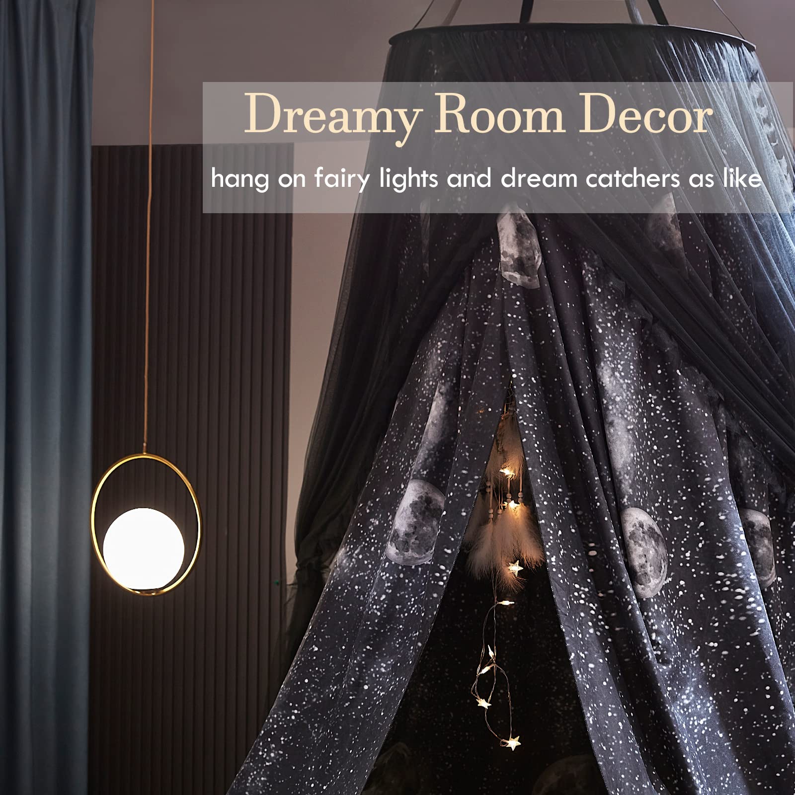 Kertnic Gorgeous Moon Printed Bed Canopy for Girls & Adults, Room Decorative Cozy Bed Curtain Canopy Drapes, Round Dome Luxurious Lace Princess Canopies Mosquito Netting (Print Moon)