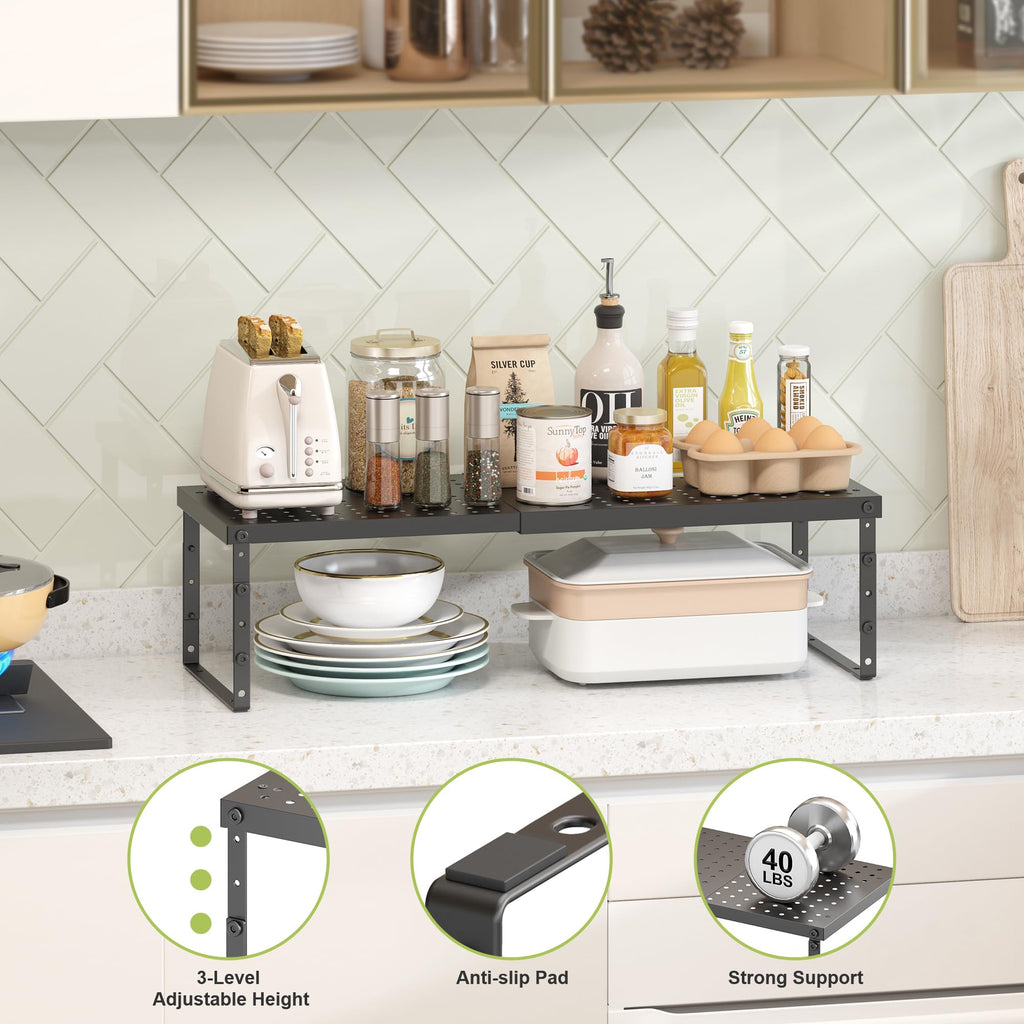 RUILALIFE Expandable Cabinet Organizer Shelf With Adjustable Height, Stackable Kitchen Countertop Organizer Rack, Adjustable Shelf Riser For Kitchen Counter, Pantry, Cupboard, Desk, Tabletop