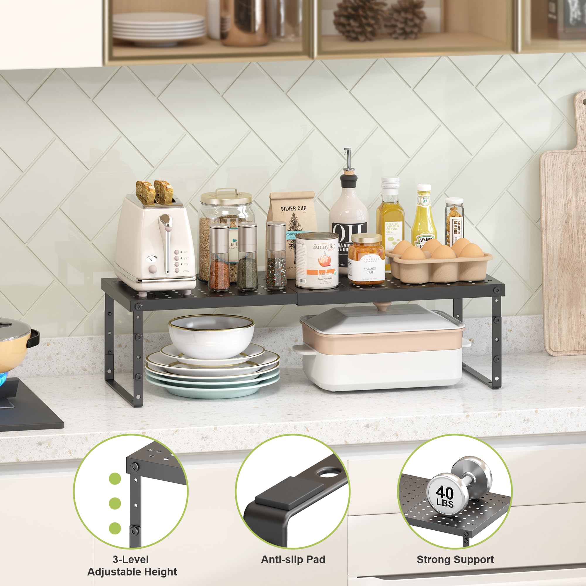 RUILALIFE Expandable Cabinet Organizer Shelf With Adjustable Height, Stackable Kitchen Countertop Organizer Rack, Adjustable Shelf Riser For Kitchen Counter, Pantry, Cupboard, Desk, Tabletop