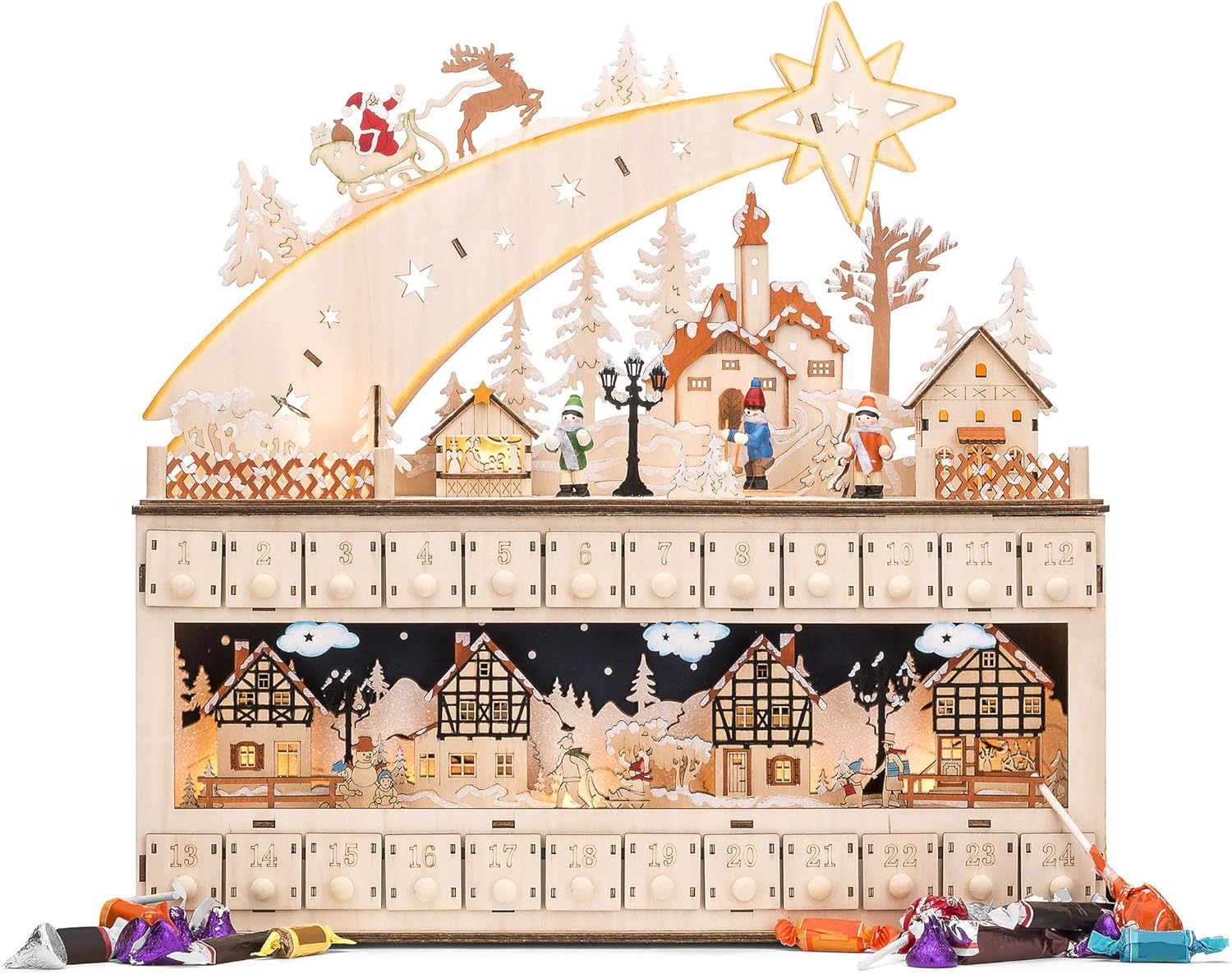 Best Choice Products Wooden Advent Calendar - Shooting Star Holiday Decoration with LED Lights