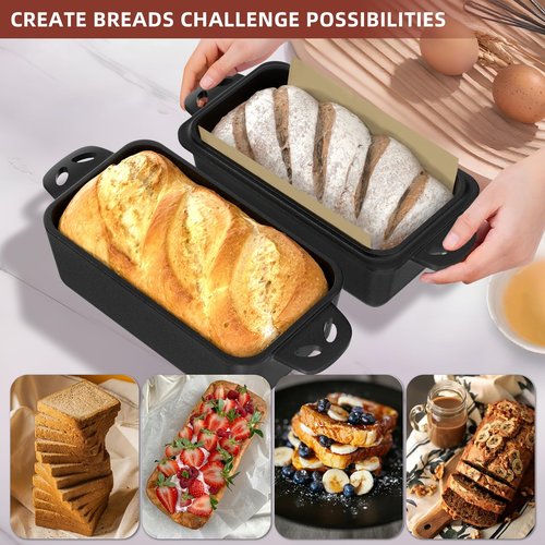 EAOENLS 9×5 Inch Cast Iron Loaf Pan with Lid, 2-in-1 Bread Baking Pans for Homemade Bread, Pre-Seasoned | Even Heat Distribution, 2 Piece Set