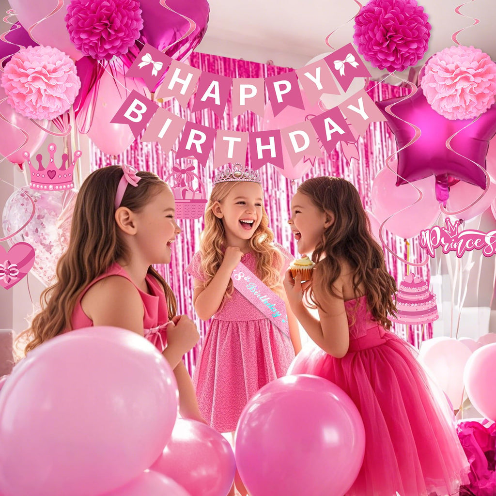 8th Birthday Decorations for Girls, Pink Party Decorations with Number 8 Balloon Happy Birthday Banner Bday Sash Crown Tablecloth Fringe Curtain Hanging Swirl for 8 Balloons for Bday Girl