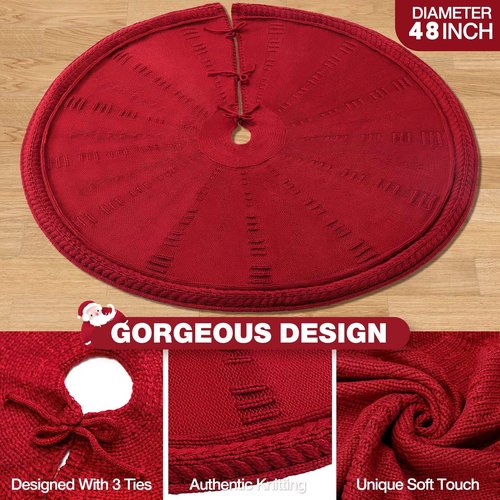 Christmas Tree Skirt 48 Inch Large - Knit Knitted Thick Rustic Tree Skirt Decor for Fall Thanksgiving Day Xmas Holiday Party Winter Farmhouse New Year Decoration Indoor Outdoor(Red)
