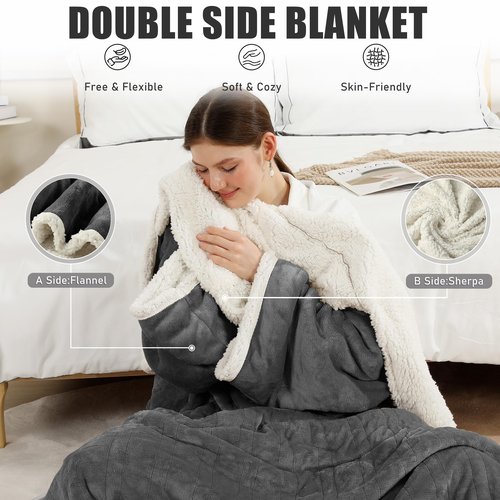 COZYTY Wearable Heated Blanket with Foot Pocket, Electric Snuggle Throw Blankets with Sleeves, 6 Heating Levels & 1-4H Auto Shut-Off, Machine Washable, Housewarming & Gift, 50 * 70"+16", Dark Gray