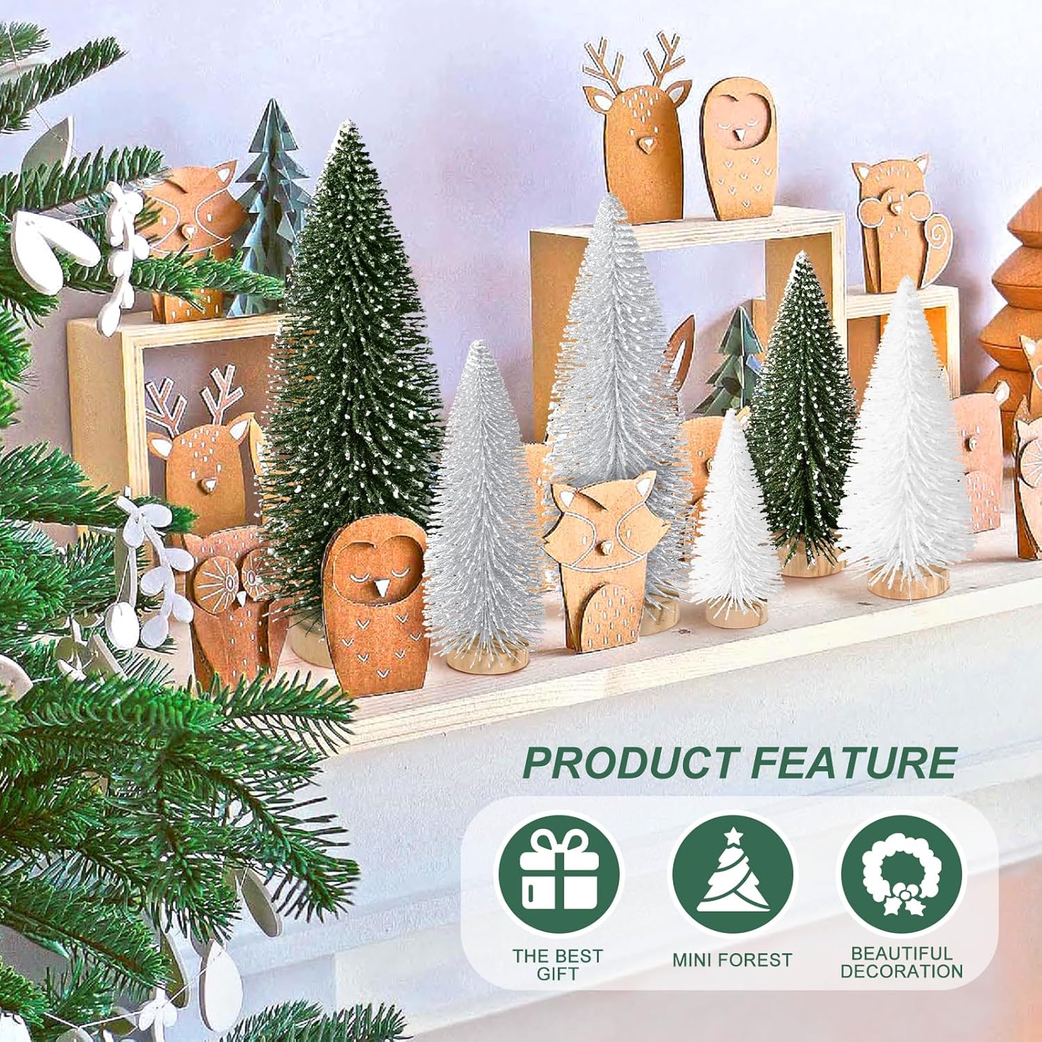 Skiennix Mini Christmas Trees - 6pcs Bottle Brush Decorations for Indoor/Outdoor Holiday Decor | Green, Silver, White