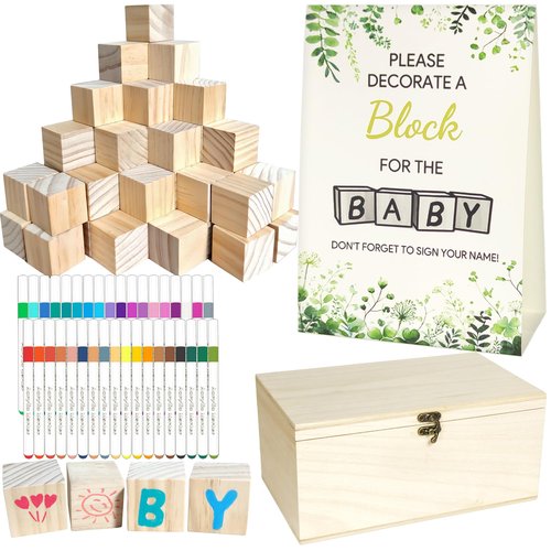 VELLCHO 98PCS Baby Shower Games Sign Kit, Baby Shower Blocks to Decorate - 60 Blank Wooden Blocks(1.5 inches Each),36 Markers,a Baby Shower Sign and Wooden Storage Box,Fun Party Favors