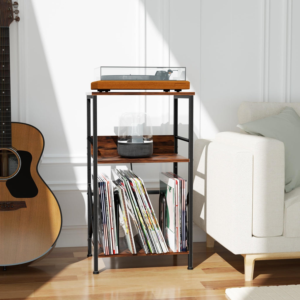 DALEMHOME Record Player Stand with Charging Station, 3-Tier Side Table for 100 Vinyl Storage, End Table for Living Room, Bedroom, Rustic Brown HKET1001BR
