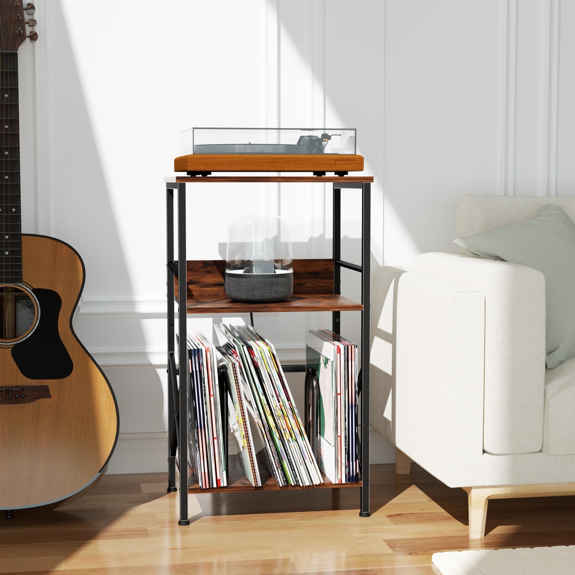 DALEMHOME Record Player Stand with Charging Station, 3-Tier Side Table for 100 Vinyl Storage, End Table for Living Room, Bedroom, Rustic Brown HKET1001BR