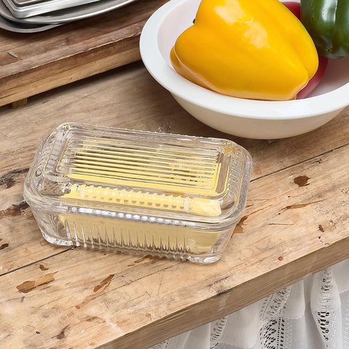 Clear Glass Butter Dish with Lid for Countertop, 6.5" Crystal Butter Dish with Cover, Covered Butter Tray for Refrigerator