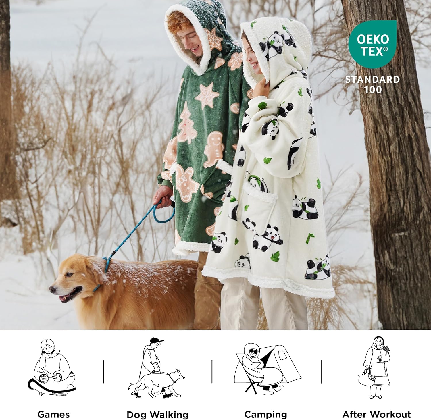 Bedsure Wearable Blanket Hoodie - Cozy Sherpa Hooded Blanket for Adults & Kids | Gingerbread & Olive Green